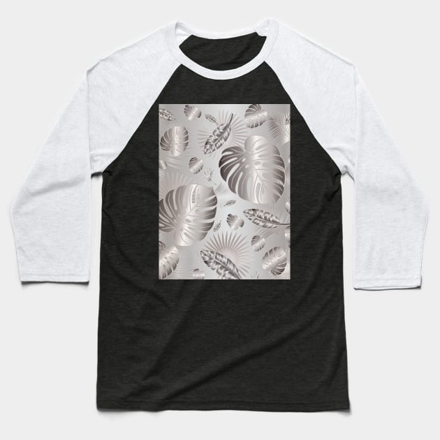 Silver Metallic Tropical Leaves Baseball T-Shirt by Nobiya